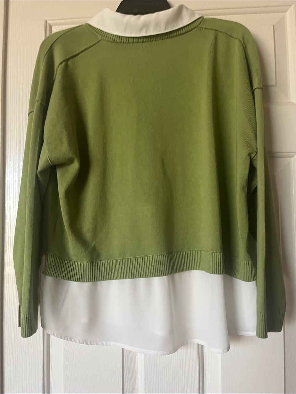 Adrianna Papell Olive V-Neck Sweater with White Shirt Layer - Picture 6 of 6